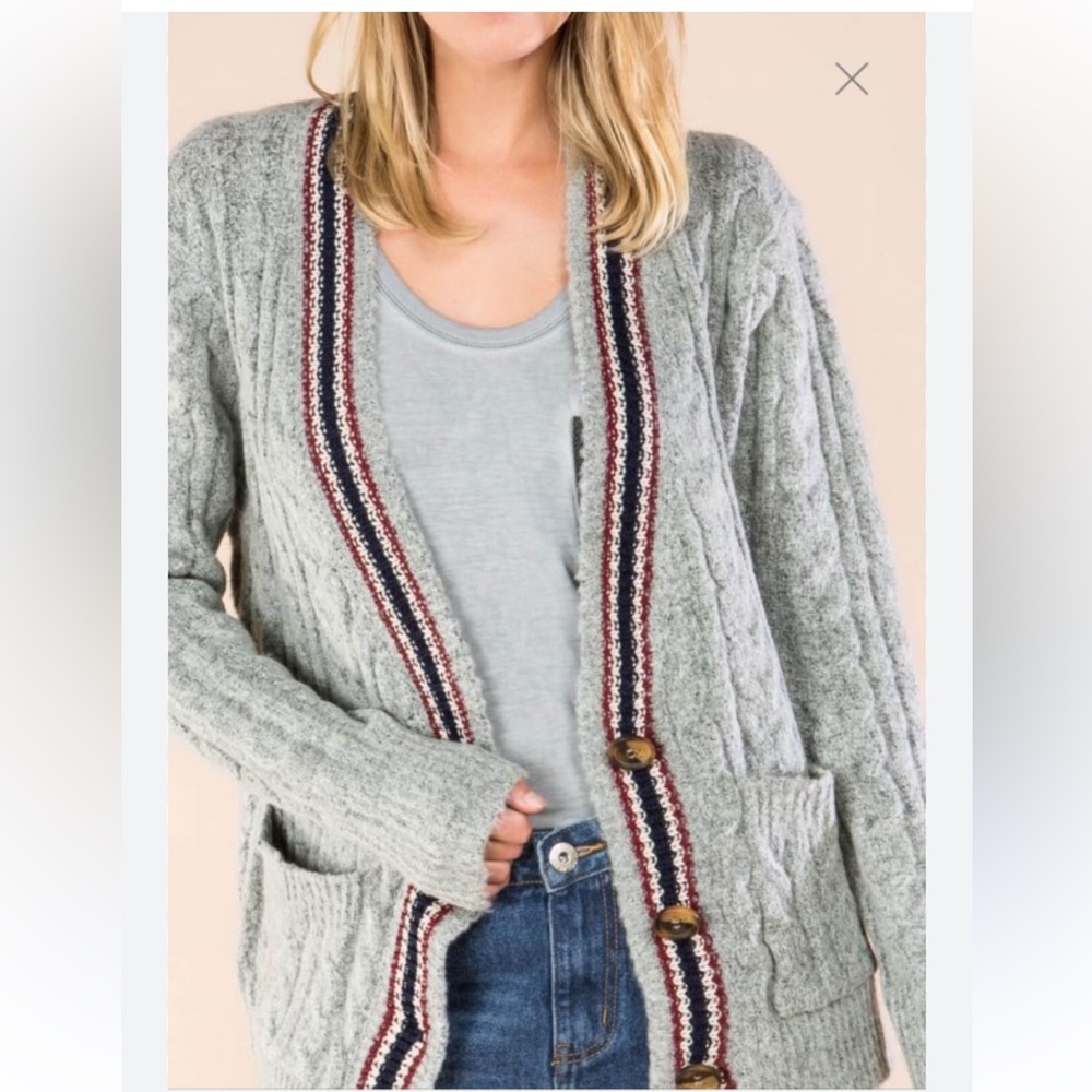 POL Large Button Front Cardigan. Grey Striped Trim. Size S